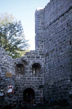 22 Blick in die SO-Ecke der Burg. Drei Fensterkammern in Schartenart. An der Innenseite der Schildmauer lassen sich drei Stockwerke ablesen, das mittlere mit wohnfreundlich geglätteten Mauerbossen. Wißmann vermutet übrigens vier Stockwerke.