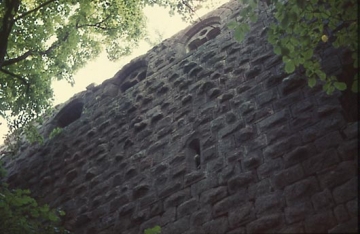 10 Hoch oben drei beschädigte Maßwerkfenster in der Ostwand des Wohnbaus (Palas und Saalbau).