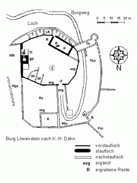 17 Plan der Burganlage.

Legende: (f)BF(fe) Bergfried, (f)Fm(fe) Flügelmauer, (f)HM(fe) Hoher Mantel, 
(f)Hgz(fe) Halsgrabenzwinger, (f)iT(fe) Inneres Tor, (f)K(fe) Kasten, 
(f)Kt(fe) Kasemattenturm, (f)Kz(fe) Kastenzwinger, (f)LK(fe) Löwensteiner Kammern, 
(f)P(fe) Palas, (f)Th(fe) Torhaus, (f)Thz(fe) Torhauszwinger, 
(f)Tt(fe) Treppenturm, (f)W(fe) Wohnbereich, 
(f)Ww(fe) Wegende zum Torkorridor, (f)Z(fe) Zisterne