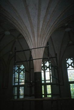 46 Arbeitsgerüst um die Mittelsäule des Sterngewölbes im Sommerremter 1991.