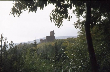 01 Auf polygonalem Grundriss erbaut, ragen Burghaus (ca. 15 m), Schildmauer (20 m) und Bergfried (ca. 25 m) der Spesburg abgestuft über die Wälder.