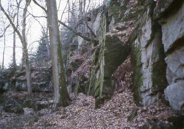 02 Gegen Westen lieferte der Aushub des gewaltigen Halsgrabens reichlich Baumaterial für die Burg. Gewässerte Holzprügel in Steinspalten sprengten aufquellend die Felsen.