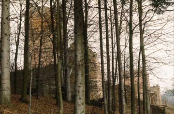 06 Der 25 m hohe, beinahe quadratische Bergfried stößt über Eck mittlings in die über 10 m hohe Schildmauer. 
Bergfried: Seitenlänge 9,81 m, Mauerstärke 2,96 m; 
Schildmauer: Mauerstärke 2,53 m.